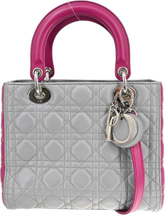 Dior Lady Dior Bag Cannage Quilt Lambskin Gray Leather Handbag (Pre-Owned)