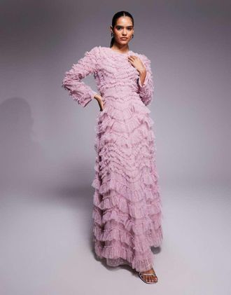 Beauut Vestito lungo a balze rosa in tulle con volant