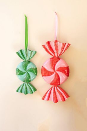 Kalalou Set of 2 Large Painted Metal Colorful Christmas Candy Ornaments