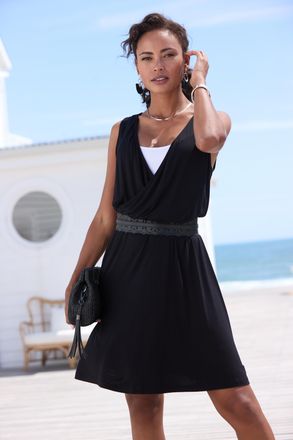 Lascana Jerseykleid LASCANA, Damen, Gr. 34, N-Gr, blau (schwarz wei&szlig;), Single Jersey, Obermaterial: 95% Viskose, 5% Elasthan, unifarben mit Farbeinsatz, figur