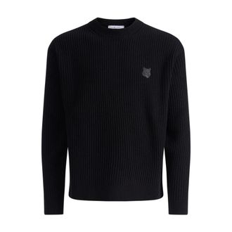 Maison Kitsuné Round-neck Knitwear, male, Black, Size: M Ribbed Wool Jumper