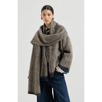 Brunello Cucinelli Mohair and wool Prince of Wales double knit outerwear jacket with scarf in Brown at Nordstrom, Size Xx-Large