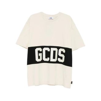 GCDS T-Shirts, male, Beige, Size: S Stripe Crew Neck Short Sleeve T-shirt