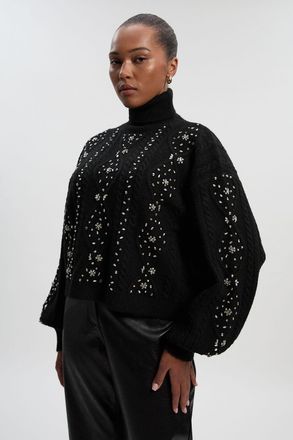 Karen Millen Womens Plus Size Wool Blend Embellished Cable Knit Jumper - Black - Size 3XL