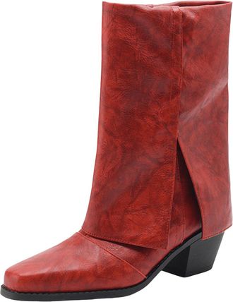 Generic Fall and Winter Womens Ankle Boots with Chunky Heel Square Toe Design for Stylish Comfort and Versatile Everyday Wear (Red, 6.5)
