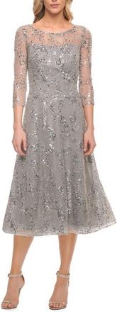 La Femme Lace Tea Length Dress with Flare Skirt and High Neckline in Silver at Nordstrom, Size 18