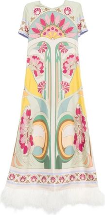 La DoubleJ Maxi Dresses, female, Multicolor, Size: L Tulip Plac&eacute;e-print Feather-Trim Maxi Dress
