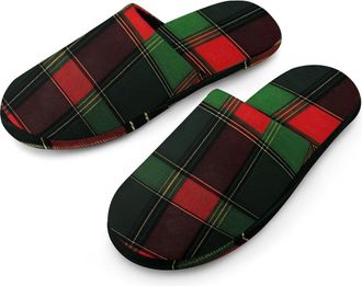 Generic Buffalo Scottish Tartan Plaid Red Green Mens Slippers Flannel Warm House Shoes with Rubber Anti-Slip Sole Slip On for Home Outdoor