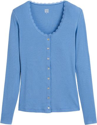 La Redoute Collections T-shirt met knoopsluiting en lange mouwen, kanten detail