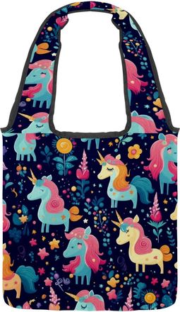 Generic Cute Cartoon Unicorn Reversible Canvas Shoulder Tote - Double-Sided Print, 12oz Cotton, 27cm Drop, Fold-Flat Bag for Travel, Shopping, Street Outings