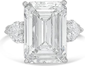 Diana M. Jewels Platinum Lab grown 10ct Emerald diamond ring with heart diamonds on the side and micropave band