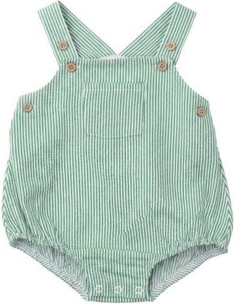 FYI Striped Denim Adjustable Straps Front Pocket Romper in Green/white at Nordstrom, Size 9M