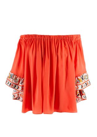 Emilio Pucci Printed-trim Off-shoulder Coral Blouse Size XS