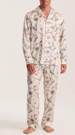 Petite Plume Regatta Print Mulberry Silk Pajamas in Beige at Nordstrom, Size X-Small