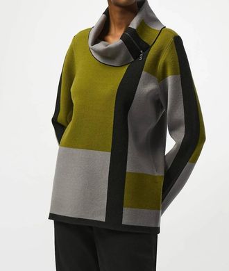 Joseph Ribkoff Colorblock Cowl Neck Sweater Top In Black/artichoke/grey