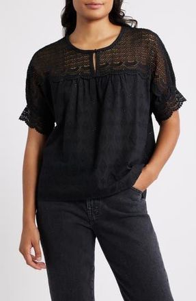 Bobeau Lace Yoke Cotton Top in Black at Nordstrom Rack, Size Small