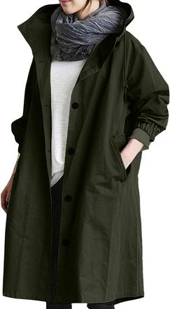 Generic Womens Waterproof Jackets Lightweight Casual Plus Size Rain Jacket Hooded Winter Single Breasted Long Windbreaker Solid Color Trench Coat Outdoor Oute