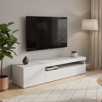 Dmora Dmora - Mueble De Televisi&oacute;n Dmangoni, Aparador Bajo Para Sal&oacute;n Con 2 Puertas, Base Soporte Tv, 100% Made In Italy, Cm 150x40h37, Blanco Brillo
