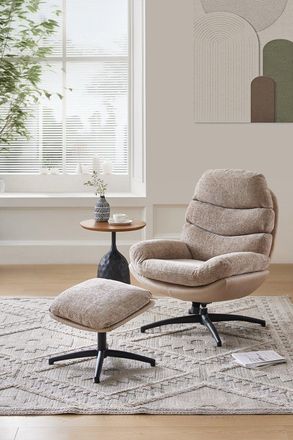 H&O Direct Brown Chenille Lounge Chair with Footstool in Light Brown