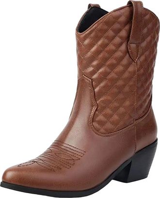 Generic Womens Retro Western Ankle Boots Pointed Toe High Chunky Heel Slip On With Embroidery Detail Fashion Footwear