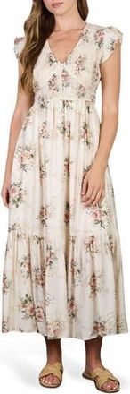 August Sky Floral Smocked Midi Dress in Ivory Multi at Nordstrom Rack, Size Medium