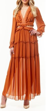 By Design France Long Sleeve Chiffon Maxi Dress in Praline Leather Brown at Nordstrom Rack, Size Medium