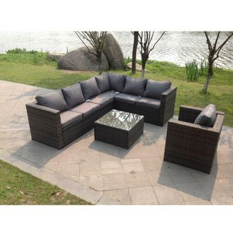 Fimous Fimous 7 Seater Rattan Garden Futniture Set Garden Sofa set with Chair Coffee Table Dark Grey Mixed