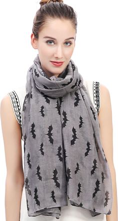 Lina & Lily Halloween Bat Print Womens Scarf Oversize (Grey)(Size: One Size)