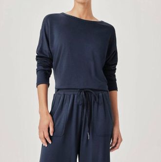 Splendid Jada Pointelle Sweatshirt Top In Navy