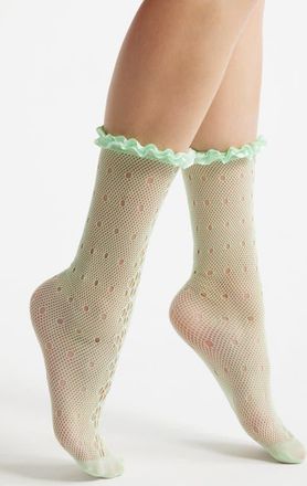 High Heel Jungle Mimi Satin Ruffle Lace Crew Socks in Green at Nordstrom