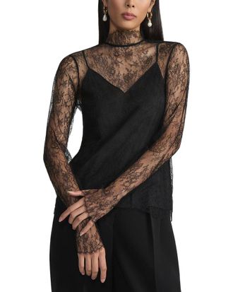 Lafayette 148 New York Lace Trim Mock Neck Silk-Blend Blouse