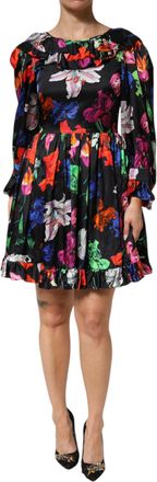 Msgm Womens Black Multicolor Floral Ruffle Long Sleeve Mini Womens Dress