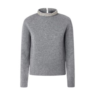 Pinko Pinko - Slim trui met juwelenkraag - Dames - Truien - Grijs - Maat: S Katoen