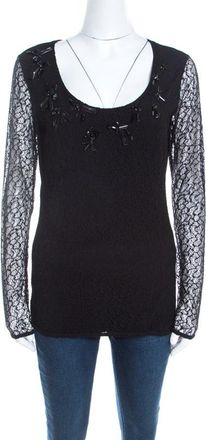 Escada Black Lace Overlay Jersey Crystal Embellished Scoop Neck Erbrou Top