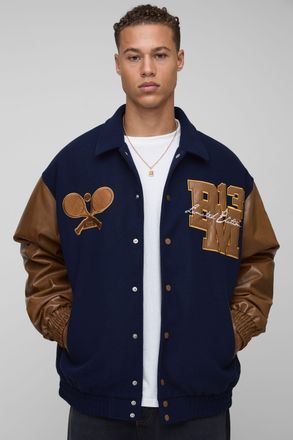 Boohooman Mens Tall Oversized Fit Tennis Applique Varsity Bomber Jacket - Navy - Size Medium