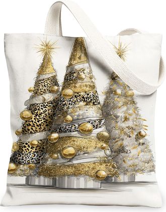 Generic Christmas Tree Canvas Tote Bags, Stylish Holiday Design Reusable Grocery Bags, Winter Lightweight Washable Shoulder Strap C, White, 13x15 Inch