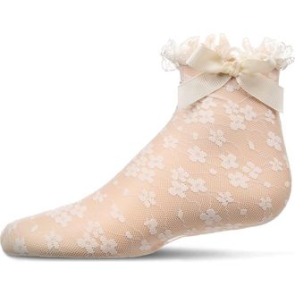 MeMoi Floral Lace Bow Trim Ankle Sock in Winter White at Nordstrom, Size 6-12M