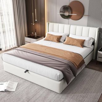 Merax Double PU Upholstered Ottoman Bed Frame with LED & Charging USB Port in White