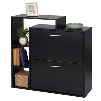 Relaxdays Relaxdays Zapatero 90&times;80&times;23,5 Cm, 2 Puertas Abatibles, Para 12 Pares, Estantes Abiertos, Estrecho, Negro