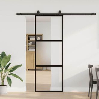vidaXL Puerta Corredera Con Herrajes Negro 76x205 Cm Vidrio Templado Vidaxl