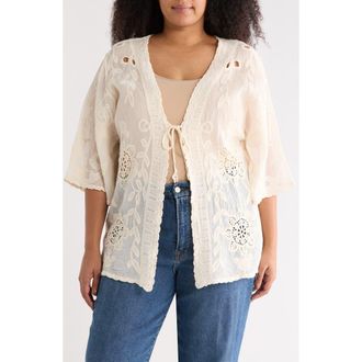 Forgotten Grace Floral Embroidered Tie Front Cardigan in Natural at Nordstrom Rack, Size 2 X