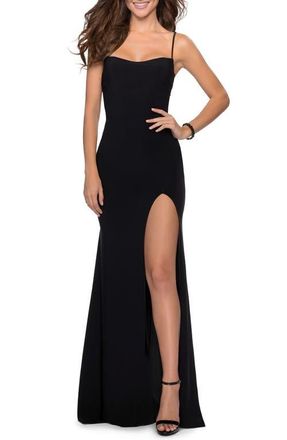 La Femme Chic Jersey Dress with Intricate Lace Up Back in Black at Nordstrom, Size 10