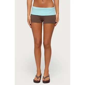 Edikted Emmey Contrast Foldover Waistband Shorts in Brown-And-Aqua at Nordstrom, Size X-Small