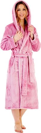 Slenderella Ladies Super Thick Soft Plain Light Pink Velvet Fleece Self Tie Belt Hooded Bath Robe Dressing Gown House Coat Large 16 18