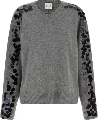 Nude Grey Embellished V Neck Sweater