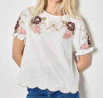 Apricot Floral Embroidered Ruffle Sleeve Top In White