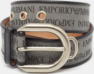 Emporio Armani Grey/black Logo Print Fabric And Leather Buckle Belt