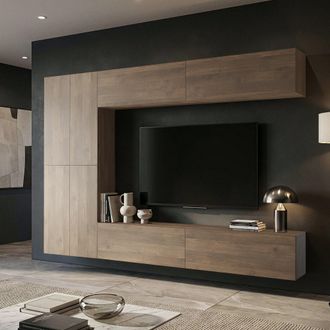 Dmora Pared Equipable Gatira, Mueble De Sala Modulado, 8 Estantes, 8 Puertas, Marr&oacute;n Nogal
