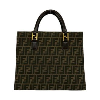 Fendi Black Brown Khaki Canvas Leather Handbag Tote Bag (Pre-Owned)