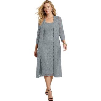 Roaman's Plus Size 3/4 Sleeve Formal Duster Sequin Embellished Lace Dress Set in Gunmetal at Nordstrom, Size 22